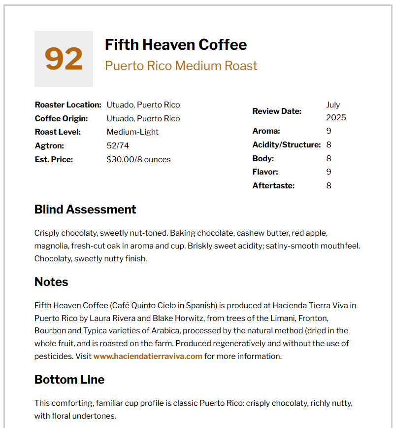 Fifth Heaven Medium Roast Whole Beans 92 points Rating