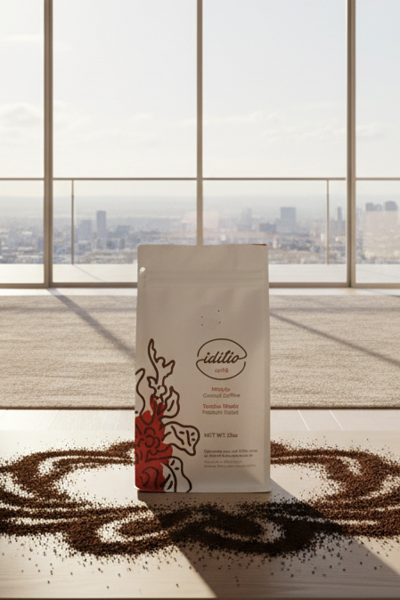 Idilio Cafe coffee package with red and black design on a white background