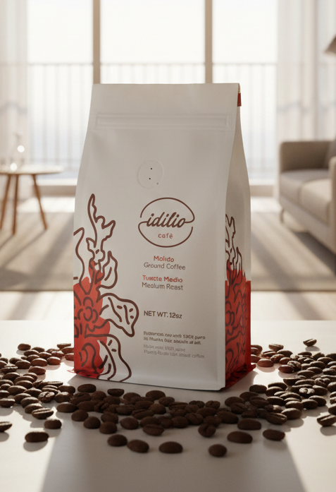 Coffee bag with coffee beans on a table in a bright living room