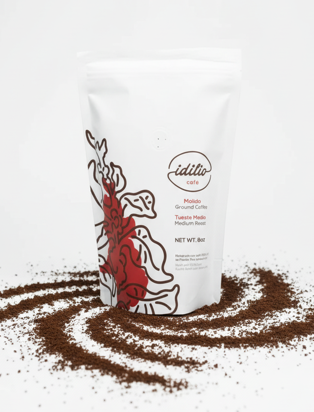 White coffee grounds bag with red design and text on a white background