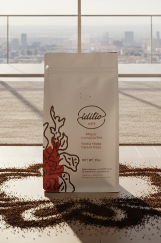 Idilio Cafe coffee package with red and black design on a white background