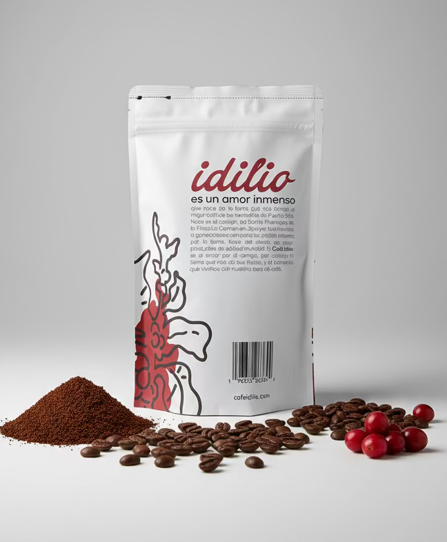 Café idilio packaging with text and graphics on a red background